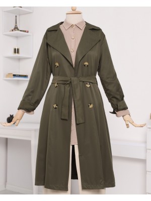 Çift Düğme Kemerli Uzun Trenckot -Haki