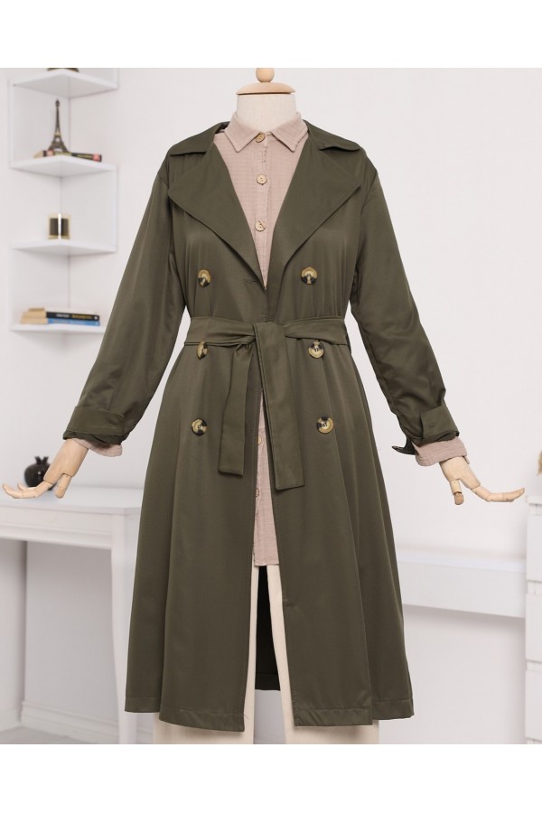 Shawl Collar Belted Long Trench Coat -Khaki