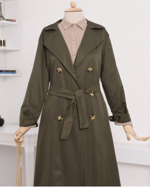 معطف طويل بحزام بياقة شال -خاكي