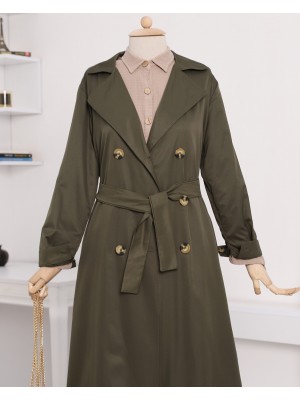 Çift Düğme Kemerli Uzun Trenckot -Haki