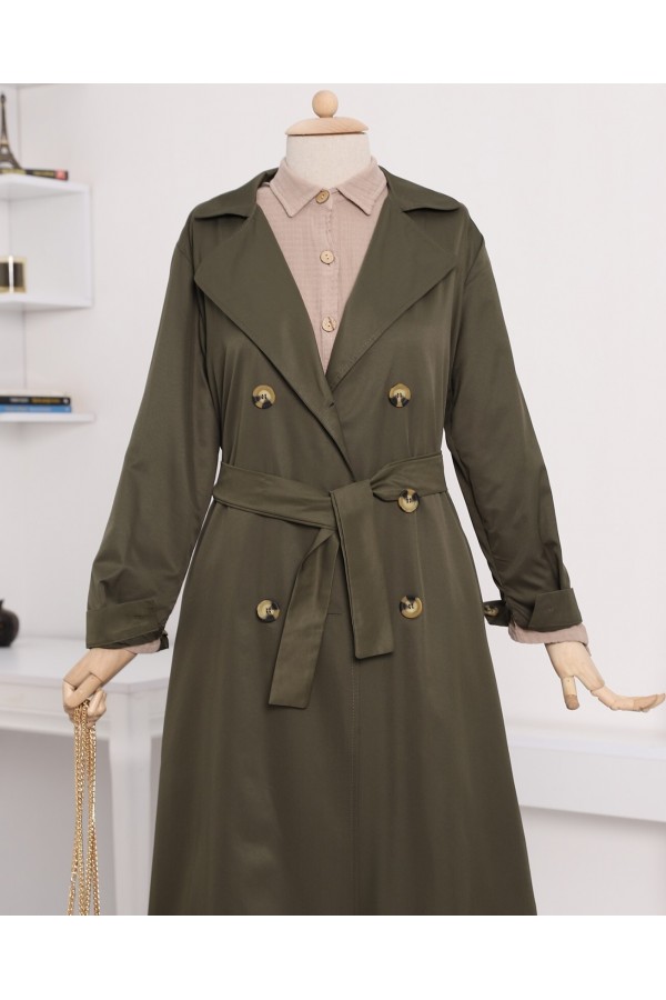Shawl Collar Belted Long Trench Coat -Khaki