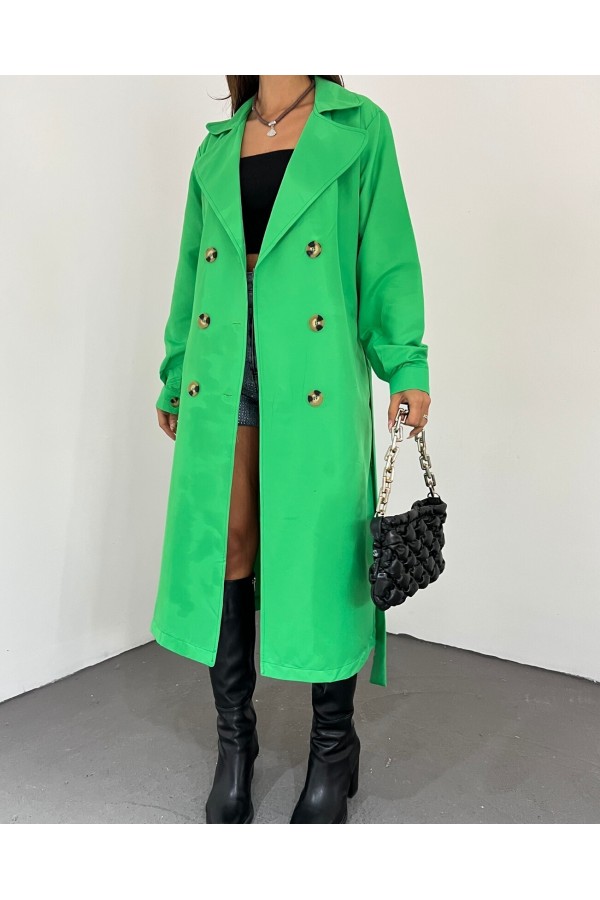 Shawl Collar Belted Long Trench Coat  -Green