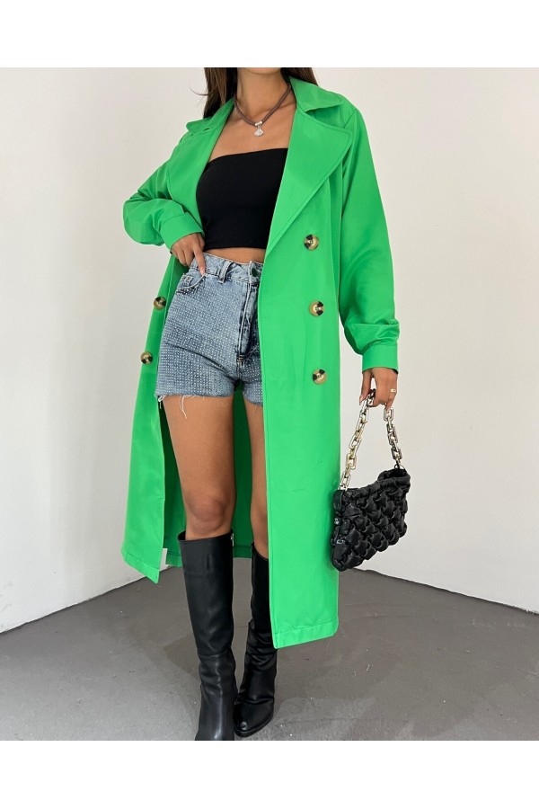 Shawl Collar Belted Long Trench Coat  -Green