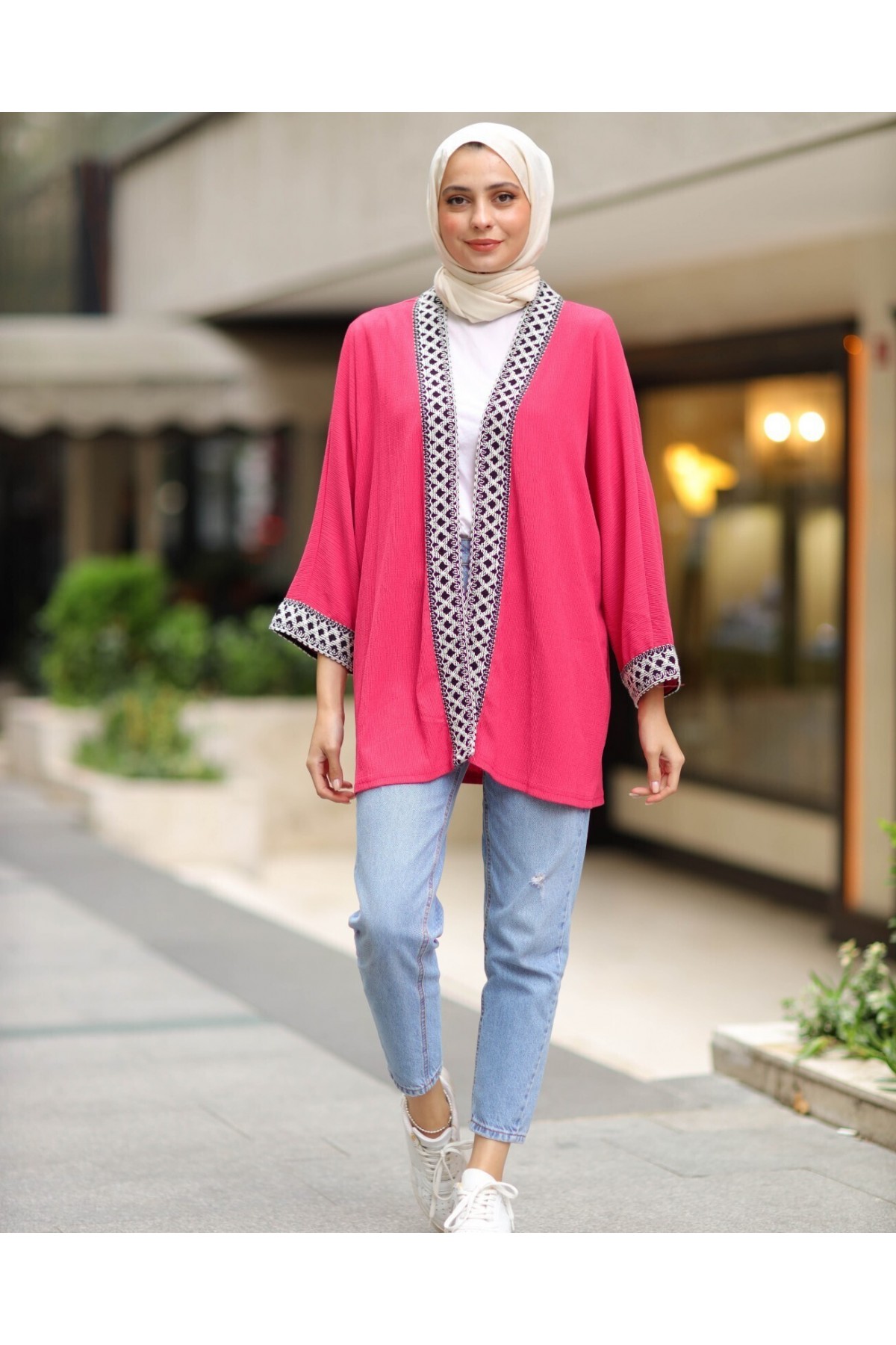 Medium Ethnic Striped Kimono -Fuchsia