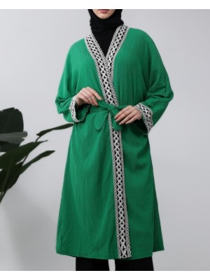 Etnik Şeritli Bağcıklı Uzun Kimono  -Yeşil
