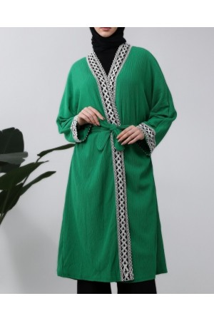 Etnik Şeritli Bağcıklı Uzun Kimono  -Yeşil