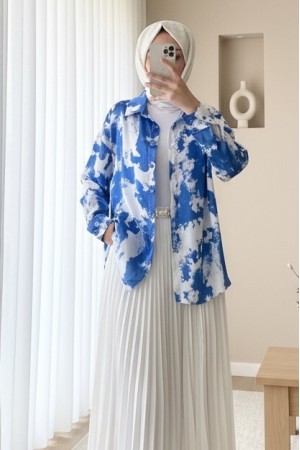 Püskürtme Desen Saten Gömlek -Saks