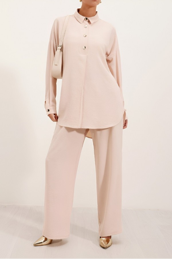 Polo Collar Ayrobin Suit with Snap Buttons - Beige