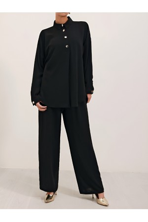 Polo Collar Ayrobin Suit with Snap Buttons -Black