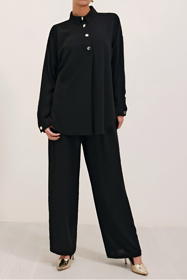 Polo Collar Ayrobin Suit with Snap Buttons -Black