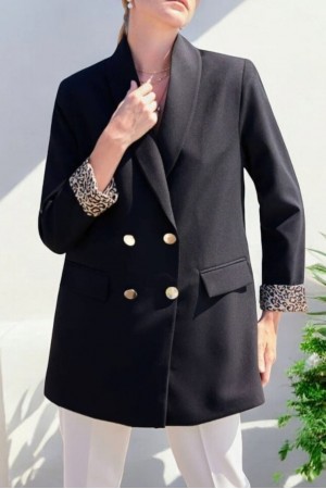 Cep Detaylı Çift Düğmeli Blazer Ceket -Siyah