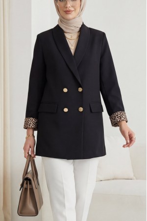 Cep Detaylı Çift Düğmeli Blazer Ceket -Siyah