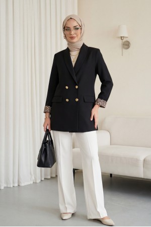 Cep Detaylı Çift Düğmeli Blazer Ceket -Siyah