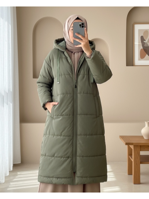 Sabit Kapşonlu Kuş Gözü Detaylı Uzun Kaban   -Haki