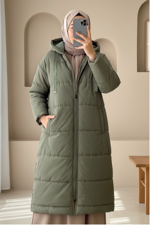 Sabit Kapşonlu Kuş Gözü Detaylı Uzun Kaban   -Haki