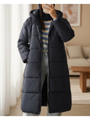 Sabit Kapşonlu Kuş Gözü Detaylı Uzun Kaban  -Laci