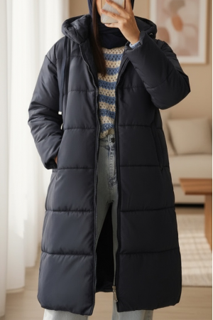 Sabit Kapşonlu Kuş Gözü Detaylı Uzun Kaban  -Laci