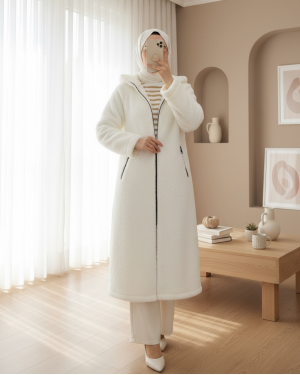 Lined Hooded Lamb Plush Winter Coat  -Ecru