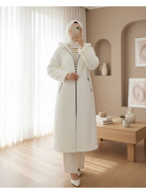 Astarlı Kapşonlu Kuzu Pelüş Kışlık Kaban  -Ekru