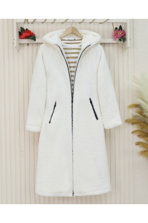 Astarlı Kapşonlu Kuzu Pelüş Kışlık Kaban  -Ekru