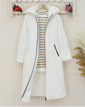 Lined Hooded Lamb Plush Winter Coat  -Ecru
