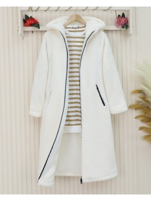 Astarlı Kapşonlu Kuzu Pelüş Kışlık Kaban  -Ekru