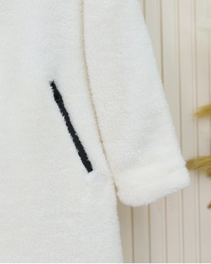 Lined Hooded Lamb Plush Winter Coat  -Ecru