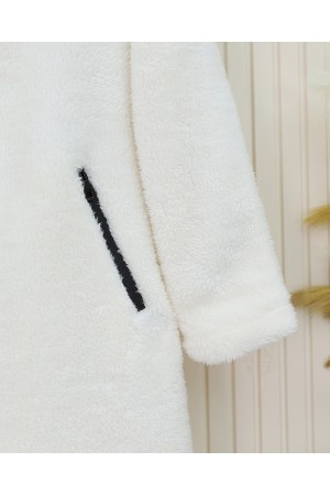 Astarlı Kapşonlu Kuzu Pelüş Kışlık Kaban  -Ekru