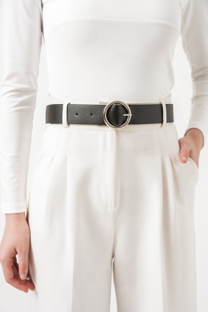 Women's Black Faux Leather Belt with Buckle 010124