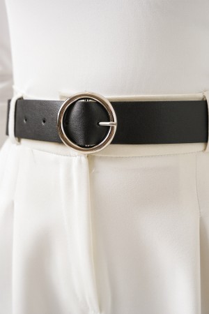 Women's Black Faux Leather Belt with Buckle 010124