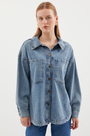 0694 Çift Cepli Oversize Denim Ceket - Buz Mavi
