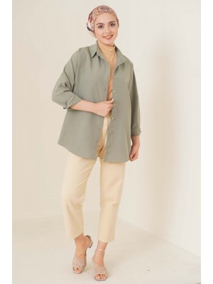 103901 Oversize Basic Tesettür Gömlek - Haki