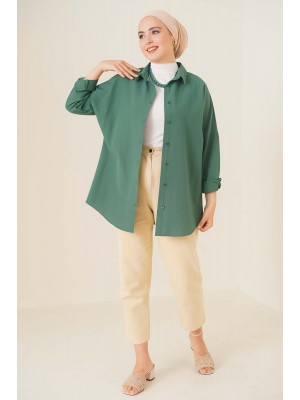 103901 Oversize Basic Tesettür Gömlek - Zümrüt Yeşili