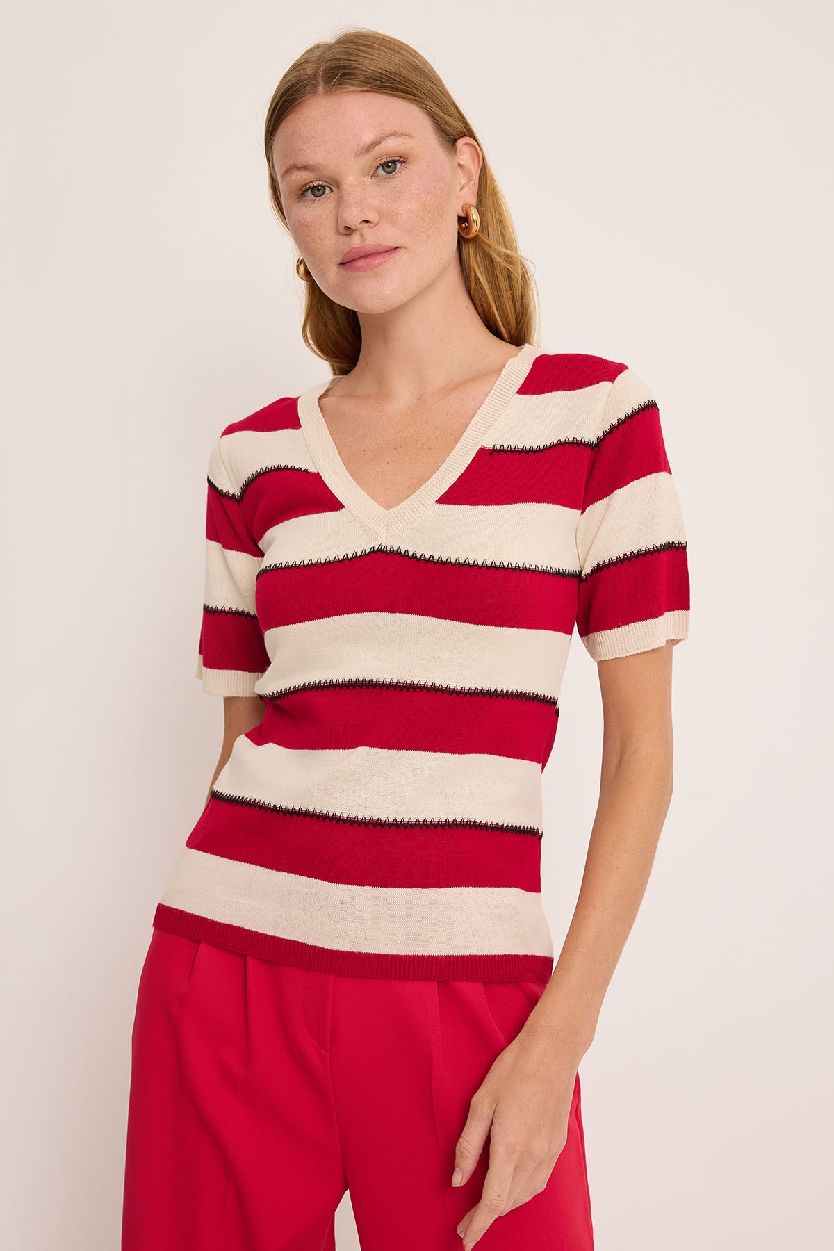 Women's V-Neck Red and White Striped Blouse 15869