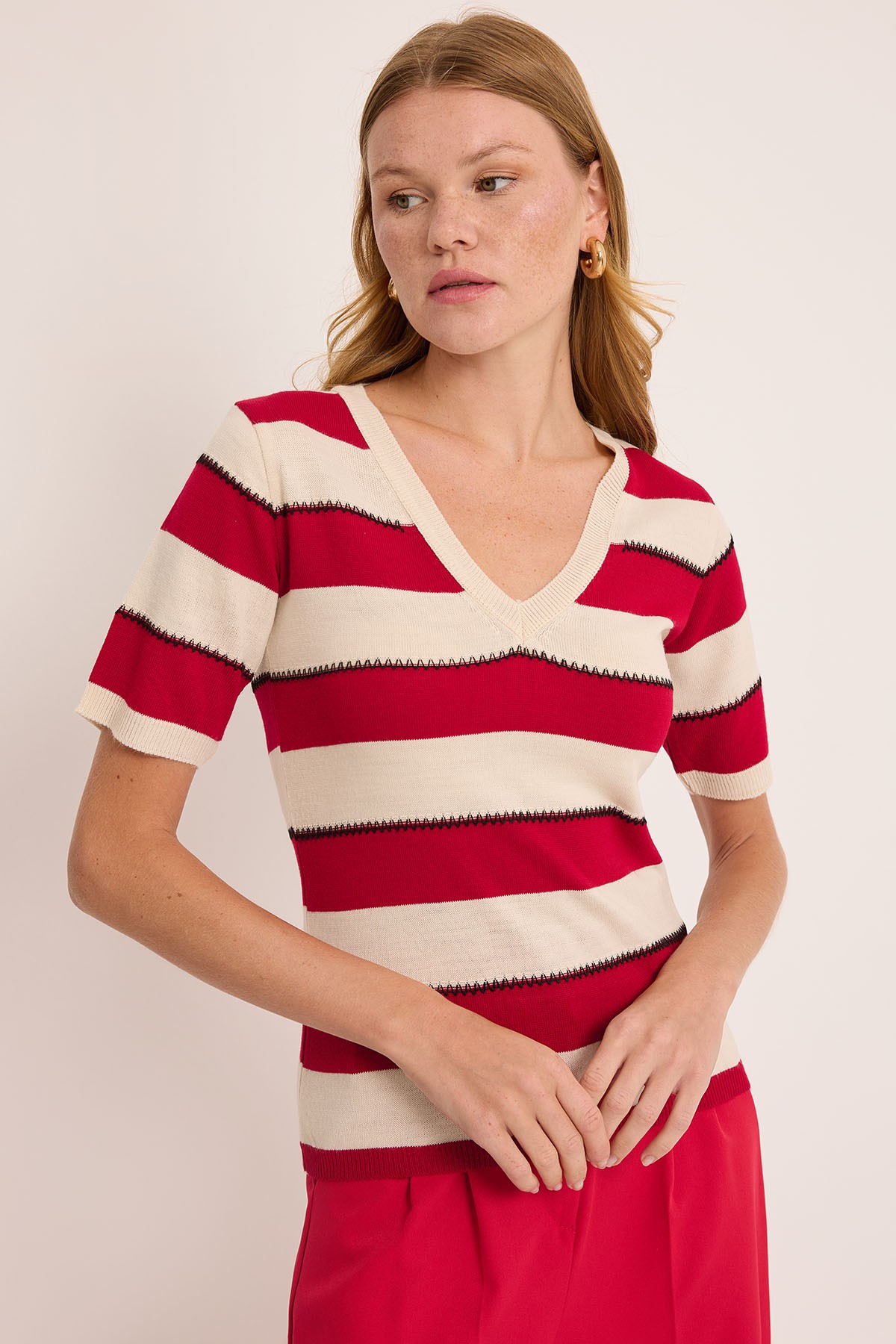 Women's V-Neck Red and White Striped Blouse 15869