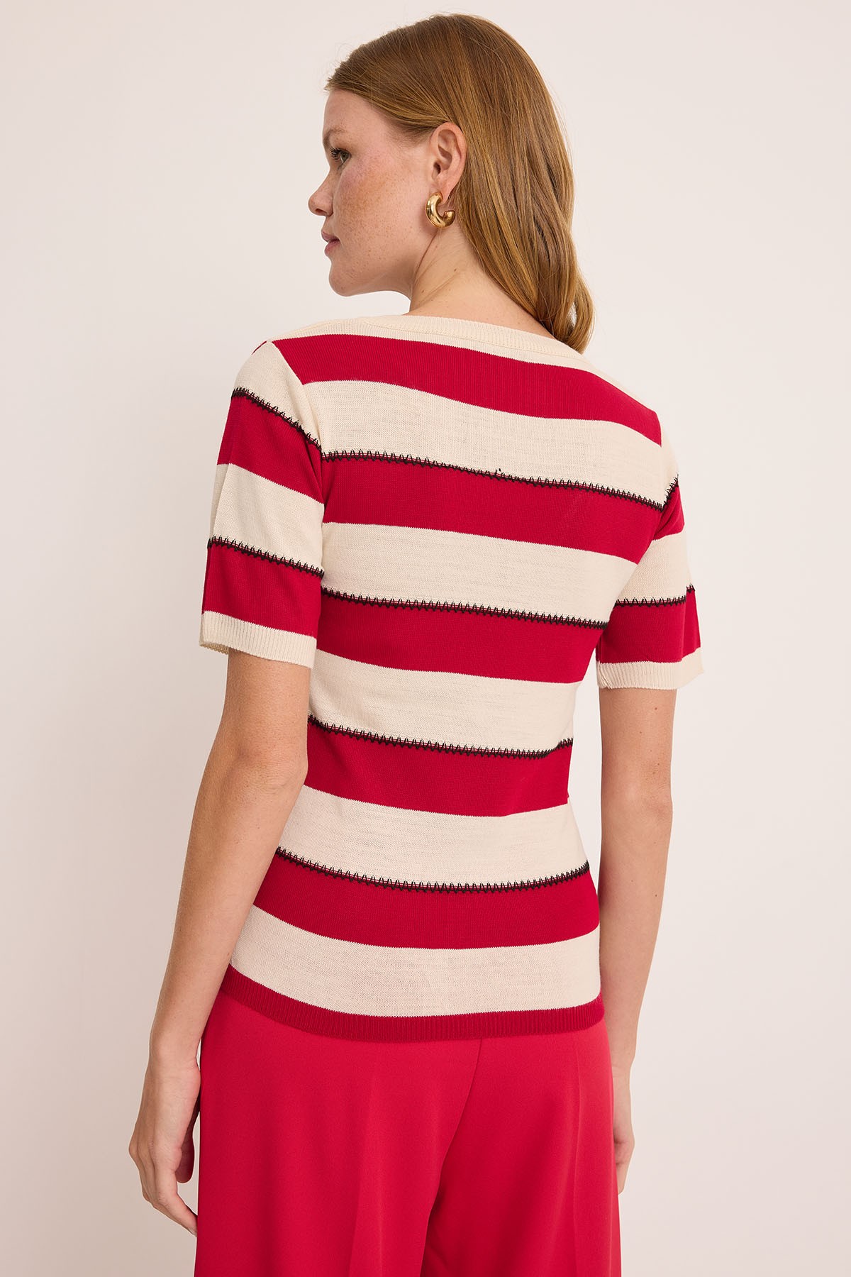 Women's V-Neck Red and White Striped Blouse 15869