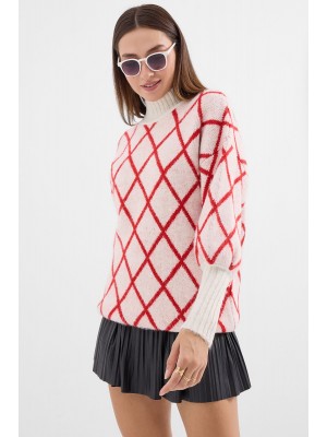 15889 Balıkçı Yaka Oversize Triko Kazak - Kırmızı