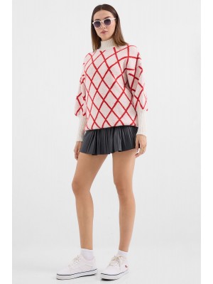 15889 Balıkçı Yaka Oversize Triko Kazak - Kırmızı