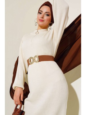 15900 Boydan Tesettür Triko Elbise - Krem