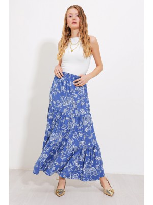 Kadın İndigo Desenli Uzun Viskon Etek 1898