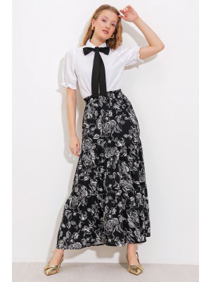 Kadın Siyah Desenli Uzun Viskon Etek 1898