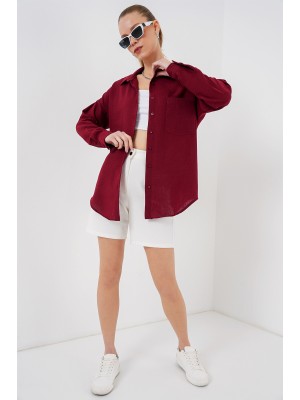 20153 Tek Cepli Oversize Keten Gömlek - Bordo