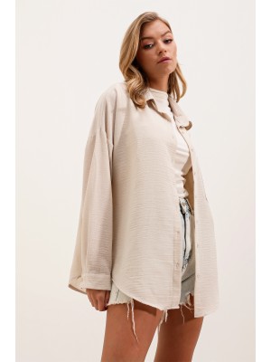 20153 Tek Cepli Oversize Keten Gömlek - Krem