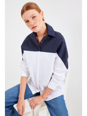 20221 Blok Renkli Oversize Gömlek - Lacivert