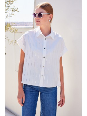 20262 Kısa Kol Çizgili Gömlek - Beyaz