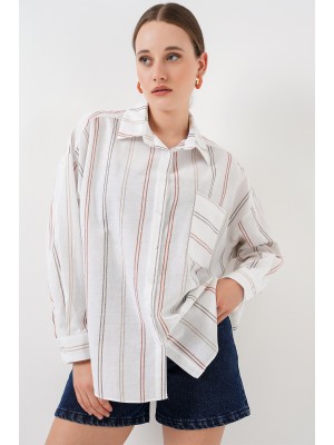 Kadın Çizgili Oversize Gömlek 20278 - B.Beyaz