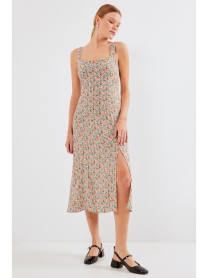 2282 Yırtmaçlı Askılı Viskon Elbise - Çok Renkli