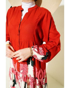 2423 Otantik Desenli Tesettür Elbise - F.Bordo