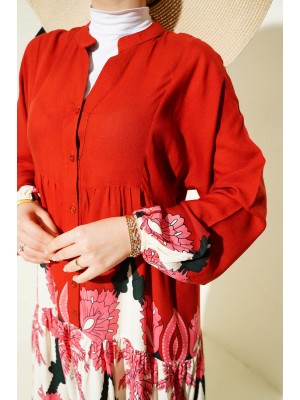 2423 Otantik Desenli Tesettür Elbise - F.Bordo