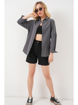 Kadın Gri Düz Oversize Uzun Basic Gömlek 3900